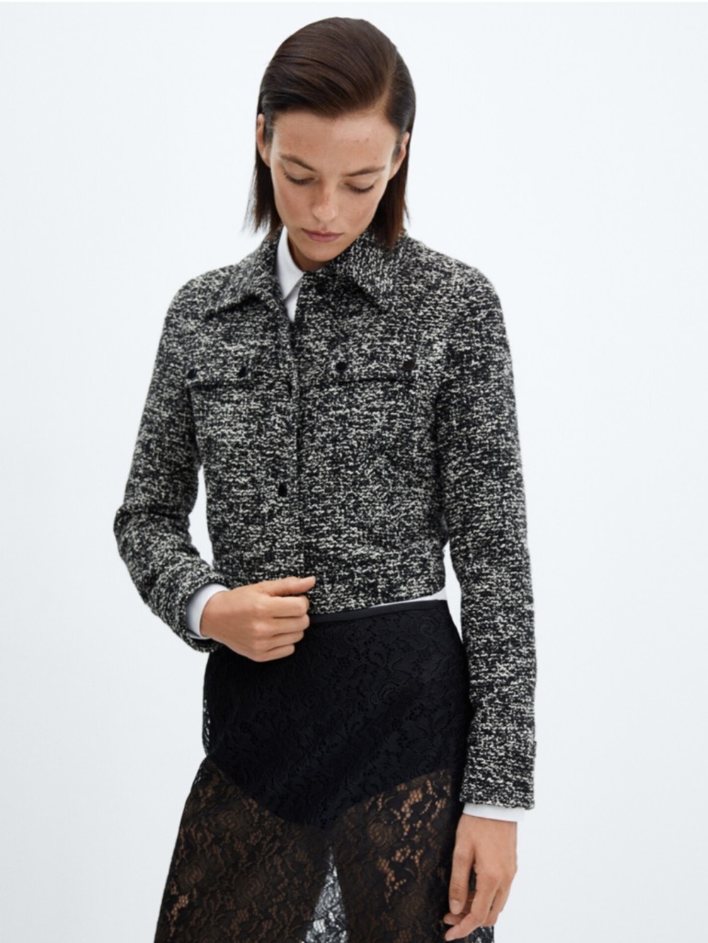 Mango Womens Black & White Tweed with Shirt Collar Cropped Jacket Small